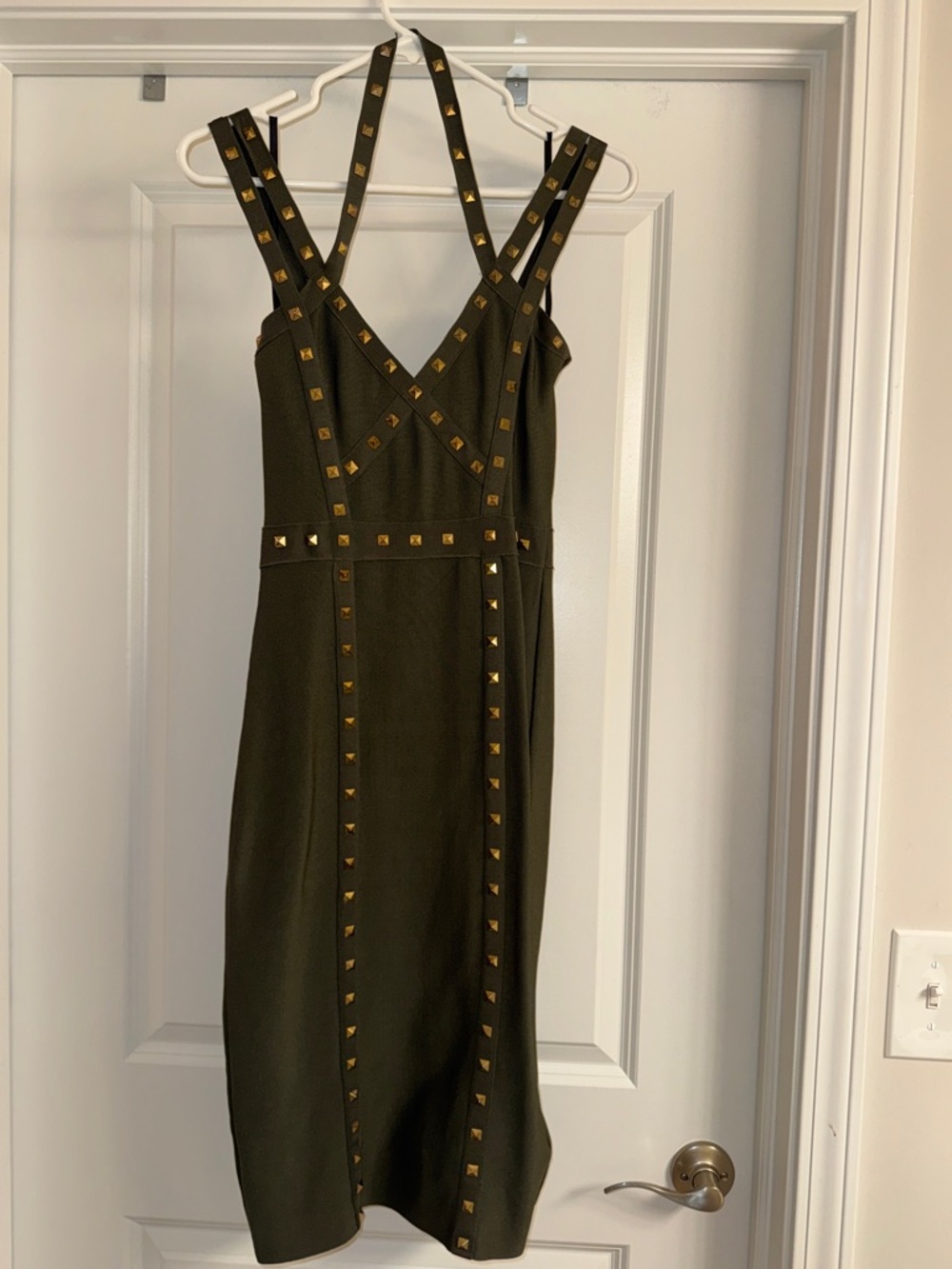 Bebe bodycon Olive Green Midi Dress with Gold Stud Trim